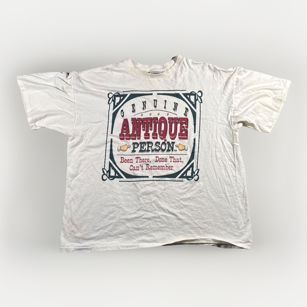 Vintage 1993 laid back "genuine antique person." Size XXL. Heavy wear